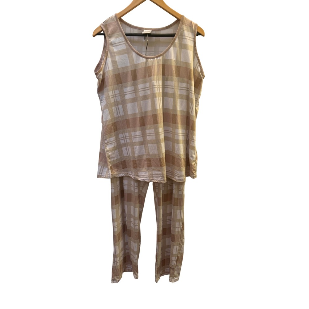 Serra Tan and White Plaid Pajama Set Tank and Pants Women XL Preppy Sleepwear
